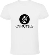 UNMUTE US | Heren T-shirt | Wit | Protest | Vrijheid | Zwijgen | Stilte | Doorbreken | Maatregelen | Rechtspraak | Clubs | Evenement | Feest | Festival | Organisatie | Politiek