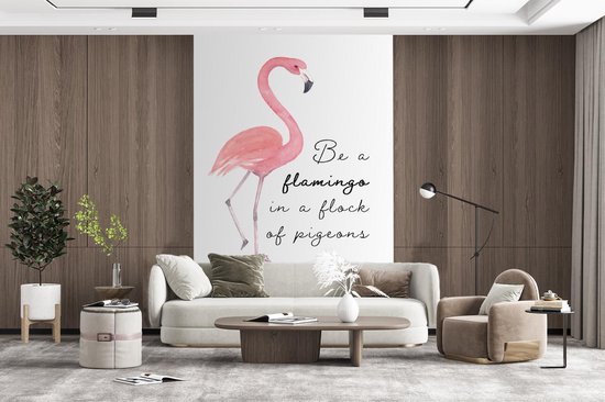 Citation `` Soyez un flamant rose dans un troupeau de pigeons '' et un flamant rose sur fond blanc 195x300 cm