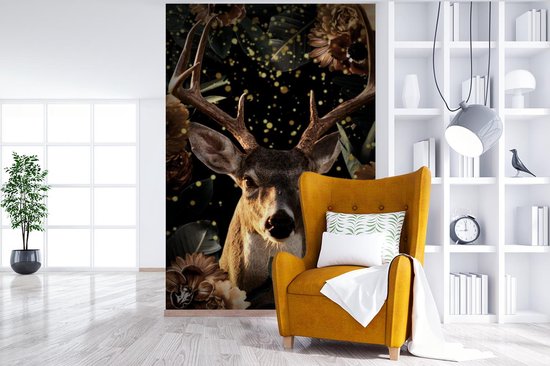 Papier peint - Papier peint photo Cerf - Fleurs - Or - Largeur 180 cm x hauteur 280 cm