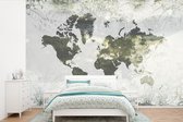 Carte du monde gris foncé décorée d'or et illustrations de fleurs 600x400 cm
