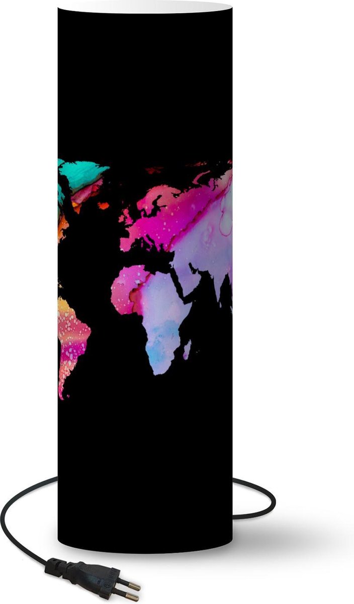 Lamp - Nachtlampje - Tafellamp slaapkamer - Wereldkaart - Kleuren - Verf - 70 cm hoog - Ø22.3 cm - Inclusief LED lamp