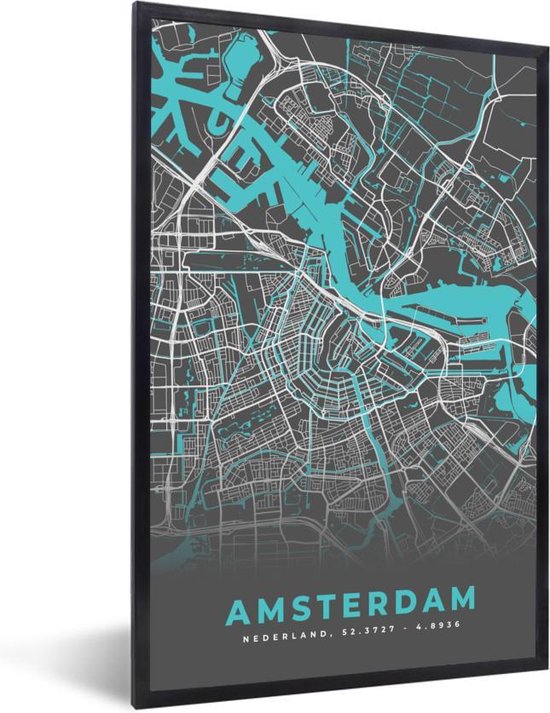 Fotolijst incl. Poster - Stadskaart - Amsterdam - Grijs - Blauw - 20x30 cm - Posterlijst - Plattegrond