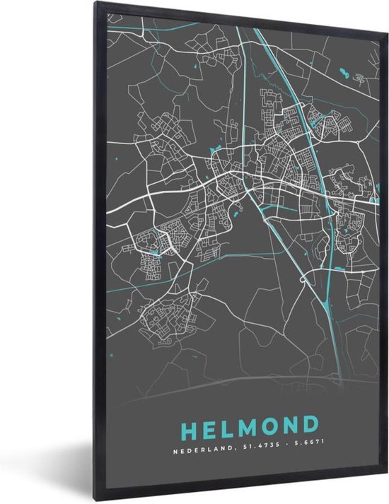 Poster in lijst - Fotolijst 80x120 cm - Posters - Plattegrond - Helmond - Grijs - Blauw - Posterlijst zwart - Decoratie - Wanddecoratie woonkamer - Muurdecoratie slaapkamer