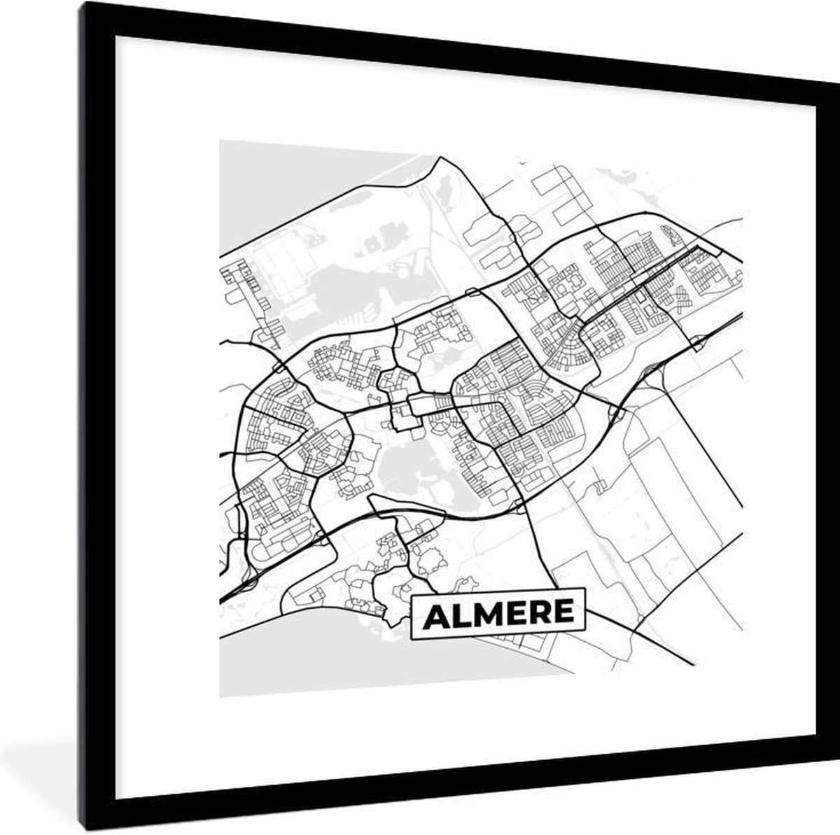 Poster in lijst - Fotolijst 40x40 cm - Posters - Kaart - Almere - Zwart - Wit - Posterlijst zwart - Decoratie - Wanddecoratie woonkamer - Muurdecoratie slaapkamer
