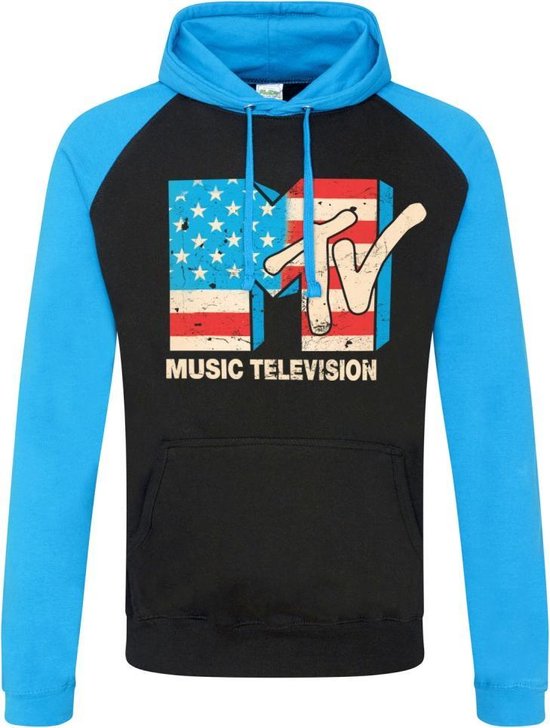 MTV Hoodie trui M Distressed USA Flag Zwart Blauw bol