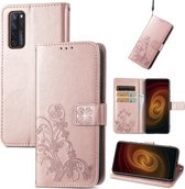 Voor ZTE AXON 20 5G Vierbladige Sluiting Reliëf Gesp Mobiele Telefoon Bescherming Lederen Case met Lanyard & Kaartsleuf & Portemonnee & Beugel Functie (Rose Goud)