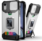 Sliding Camera Cover Design PC + TPU schokbestendig hoesje met ringhouder en kaartsleuf voor iPhone XR (zilver)