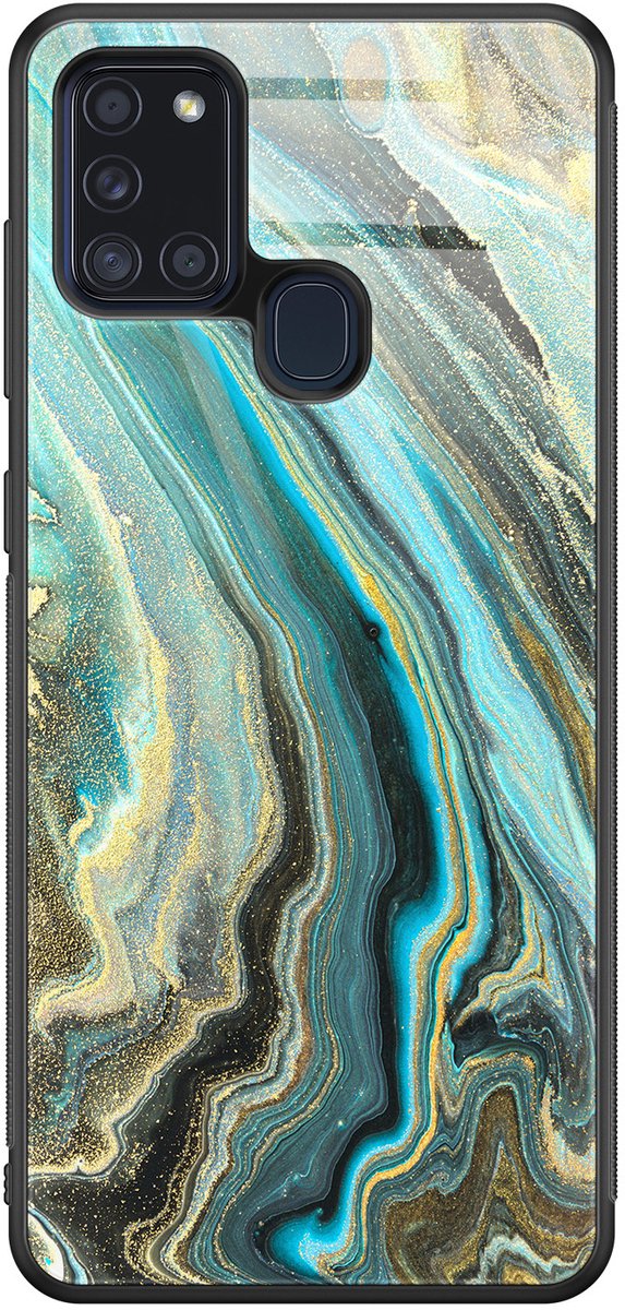 Hoesje geschikt voor Samsung Galaxy A21s - Marmer mint - Luxe Glazen Hardcase - Marmer - Multi