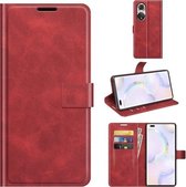 Retro Kalf Patroon Gesp Kaart Portemonnee Links en Rechts Flip Telefoon Holster met Beugel Functie Voor Honor 50 Pro (Rood)