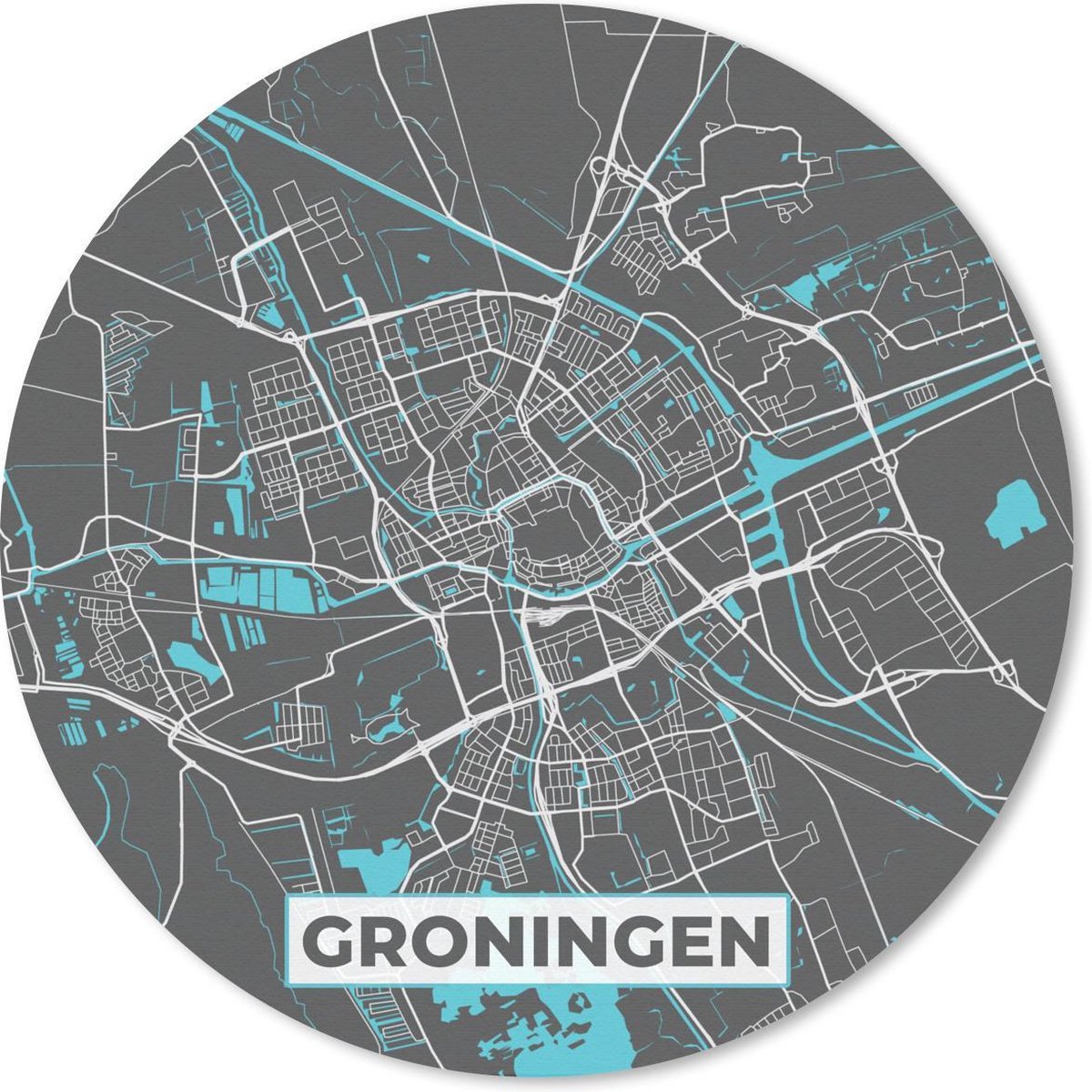 Muismat rond 30x30 cm - Mousepad Stadskaart - Groningen - Grijs - Blauw - Ronde muismatten