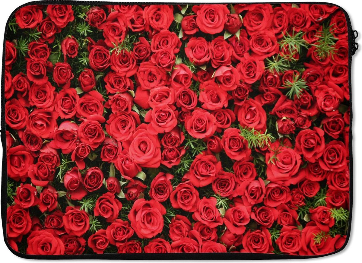Laptophoes 14 inch - Rozen - Rood - Struik - Laptop sleeve - Binnenmaat 33x23 cm - Zwarte achterkant
