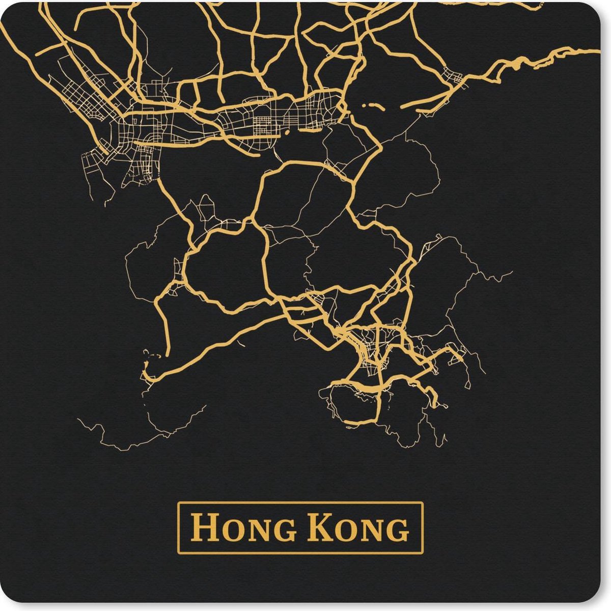 Muismat 30x30 cm - Mousepad Kaart - Hong Kong - China - Goud - Zwart - Muismatten