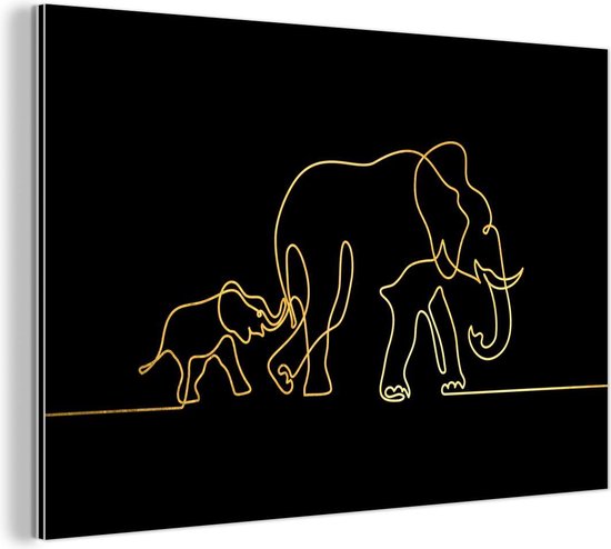 Wanddecoratie Metaal - Aluminium Schilderij Industrieel - Olifant - Goud - Zwart - Minimalisme - 60x40 cm - Dibond - Foto op aluminium - Industriële muurdecoratie - Voor de woonkamer/slaapkamer