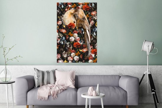 Décoration murale Métal - Peinture Aluminium - Éléphant - Fleurs - Illustration - 80x120 cm - Dibond