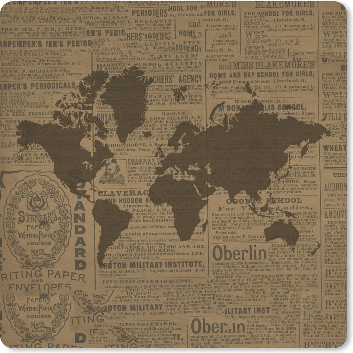 Muismat 20x20 cm - Mousepad Wereldkaart Bruin - Krant - Letters - Muismatten