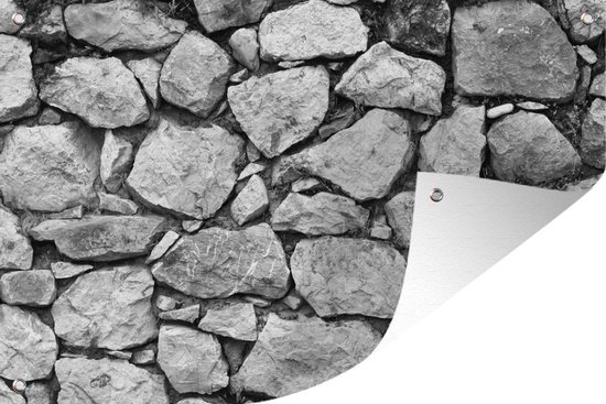Tuinposter - Tuindoek - Tuinposters buiten - Stenen muur met kleine en grote stenen - zwart wit - 120x80 cm - Tuin