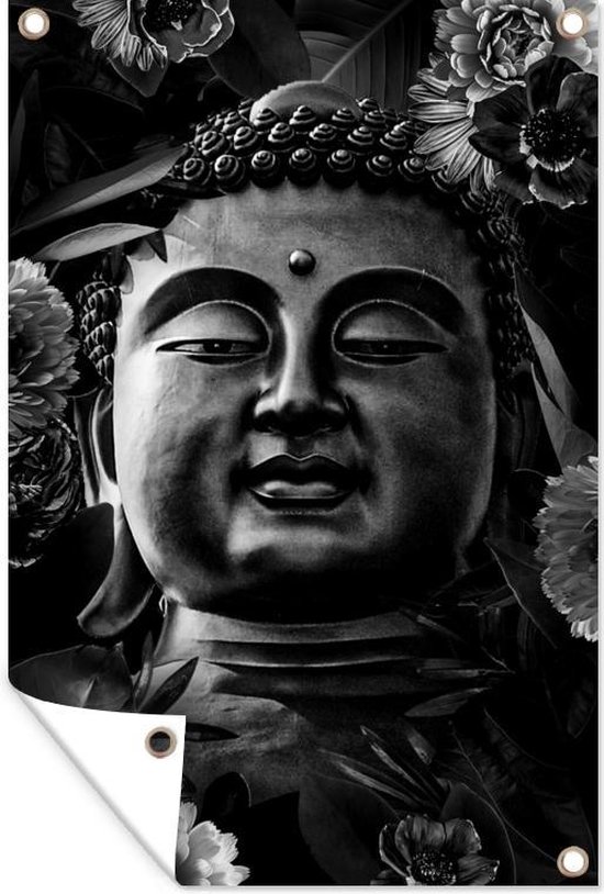 Hoofd van een Boeddha en bloemen - zwart wit - Tuindoek