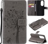 Voor Huawei P50 Boom & Kat Patroon Geperst Afdrukken Horizontale Flip PU Lederen Case met Houder & Kaartsleuven & Portemonnee & Lanyard (Grijs)