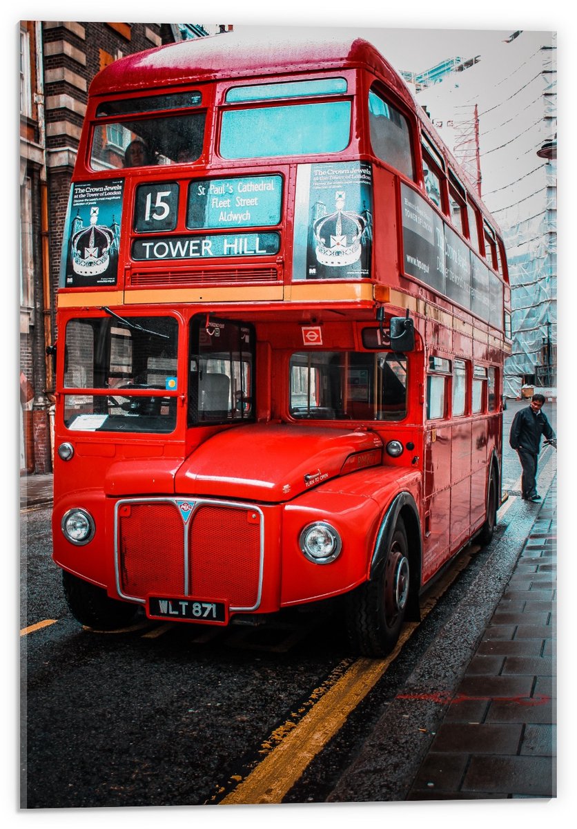 KuijsFotoprint Acrylglas - Rode Autobus in Engeland - 40x60cm Foto op Acrylglas (Met Ophangsysteem) Rood