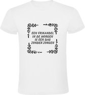 Een Frikandel in de morgen is een dag zonder zorgen t-shirt Heren | friettent | frietpan | horeca | kok | patat | friet | Wit