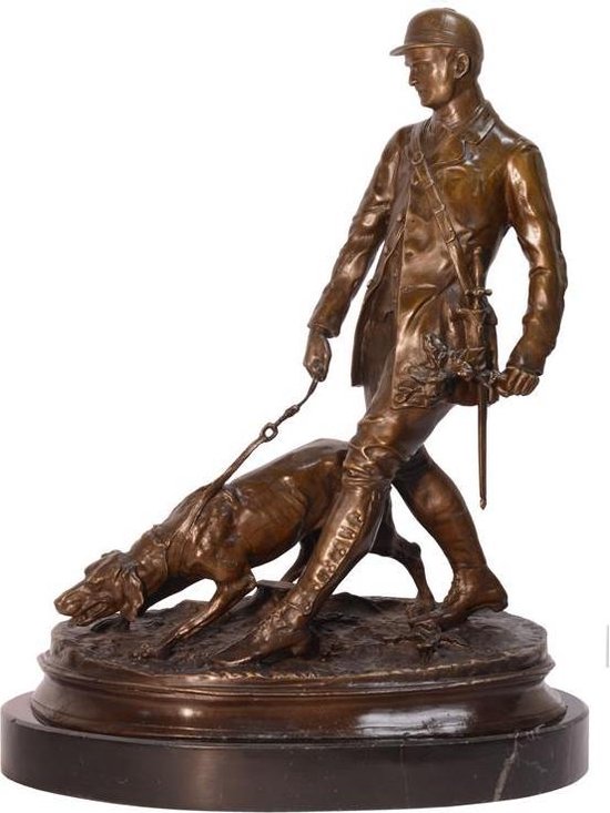 Sculpture en bronze - Homme au chien - Sculpture promenant un chien - 46 cm de haut
