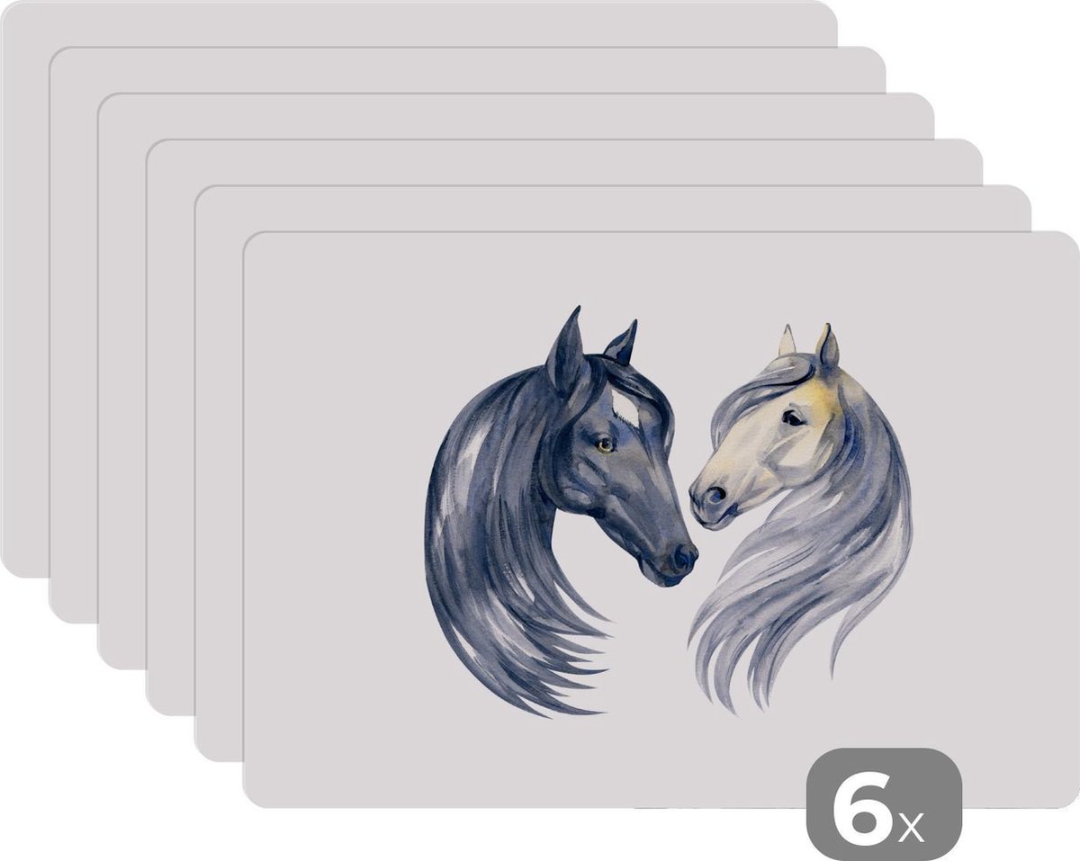Placemat kinderen - Placemat - Placemats kunststof - Paarden - Waterverf - Manen - Meisjes - Kinderen - Meiden - 45x30 cm - 6 stuks - Hittebestendig - Anti-Slip - Onderlegger - Afneembaar