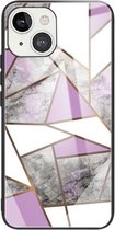 Beschermhoes van glas met abstract marmerpatroon voor iPhone 13 (ruitgrijs paars)