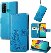 Voor Infinix Hot 9 Vier-blad sluiting Reliëf Gesp Mobiele Telefoon Bescherming Lederen Case met Lanyard & Card Slot & Portemonnee & Beugel Functie (Blauw)