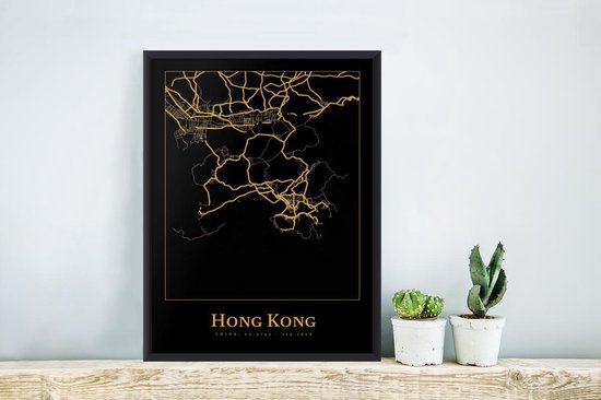 Fotolijst incl. Poster - Kaart - Hong Kong - Goud - Zwart - 20x30 cm - Posterlijst