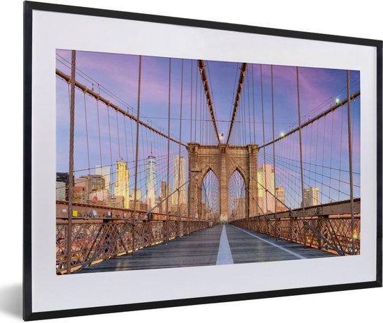 Fotolijst incl. Poster - New York - Zonsondergang - Brooklyn Bridge - 60x40 cm - Posterlijst