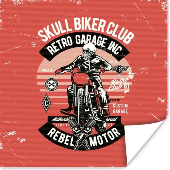 Poster Motor - Skelet - Motorkleding - Retro - 100x100 cm XXL - Vaderdag cadeau - Geschenk - Cadeautje voor hem - Tip - Mannen
