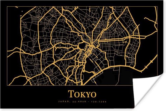 Poster Kaart - Tokyo - Goud - Zwart - 90x60 cm