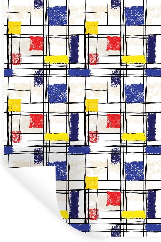 Affiche avec un motif de style Mondrian de carrés rouges, jaunes et bleus avec des lignes noires.