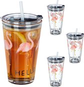 Relaxdays Glas met rietje en deksel - 4 stuks - flamingo print - drinkglazen - 450 ml
