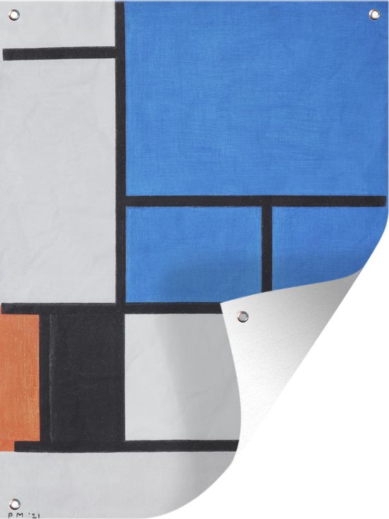 Tuin decoratie Compositie met blauw, rood, zwart, geel en grijs - Piet Mondriaan - 30x40 cm - Tuindoek - Buitenposter