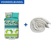 Dekbedovertrek voor Kinderen - Eenpersoons - 140x200/220cm - Inclusief 1 Kussensloop - 100% Versterkt Katoen - Dinosaurus Grijs + Wasbaar Microfiber Dekbed - 140x200cm - Wit