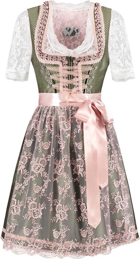 Groen dirndl met roze satijnen strik, witte kanten mouwen en roze kanten overlay rok.