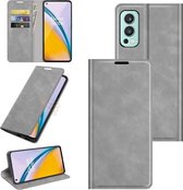 Voor OnePlus Nord 2 5G Retro-skin Zakelijke magnetische zuignap lederen hoes met houder en kaartsleuven en portemonnee (grijs)