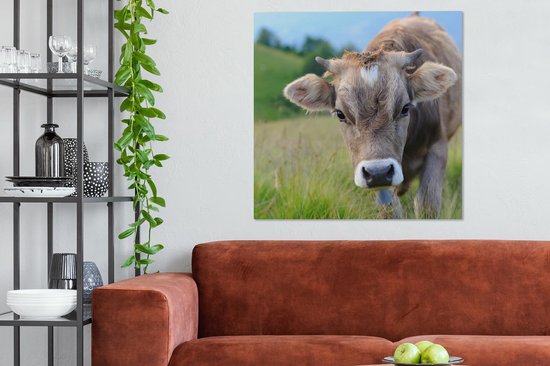 Tableau Peinture Vache - Animaux - Marron - Herbe - 90x90 cm - Décoration murale
