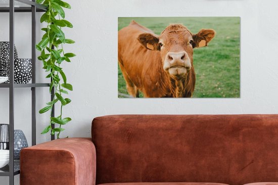 Tableau sur toile Vache - Marron - Herbe - 90x60 cm - Décoration murale