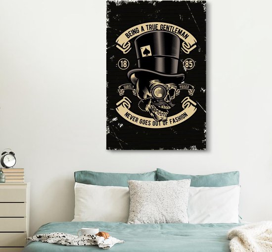Toile Peinture Crâne - Chapeau - Rétro - Dessin - 120x180 cm - Décoration murale XXL