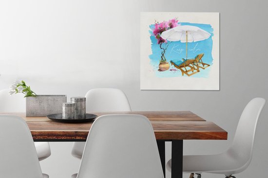 Canvas schilderij 50x50 cm - Wanddecoratie Strandstoel - Parasol - Bloemen - Tekening - Muurdecoratie woonkamer - Slaapkamer decoratie - Kamer accessoires - Schilderijen op canvas