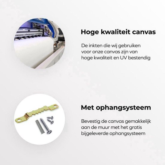 Canvas met tekst: Hoge kwaliteit canvas met UV-bestendige inkten. Met ophangsysteem voor eenvoudige bevestiging aan de muur.