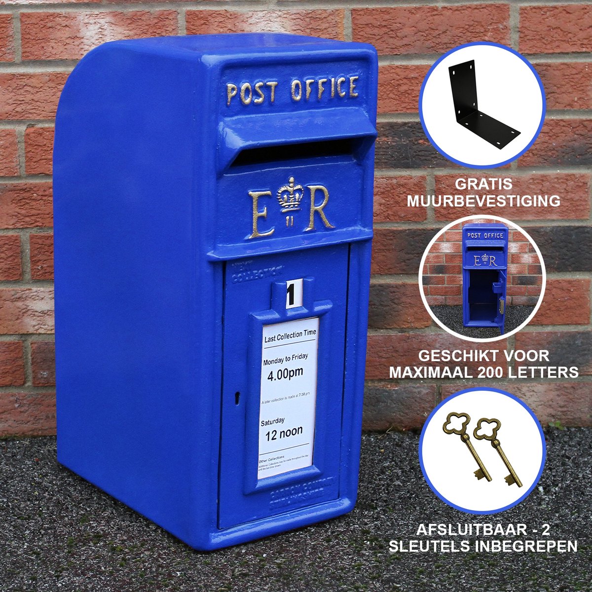 Blauwe brievenbus - 24x37x57 cm - gewichtscapiciteit: tot 200 brieven - Inclusief muurbeugel - Afsluitbaar - 2 gouden sleutels - Schotland