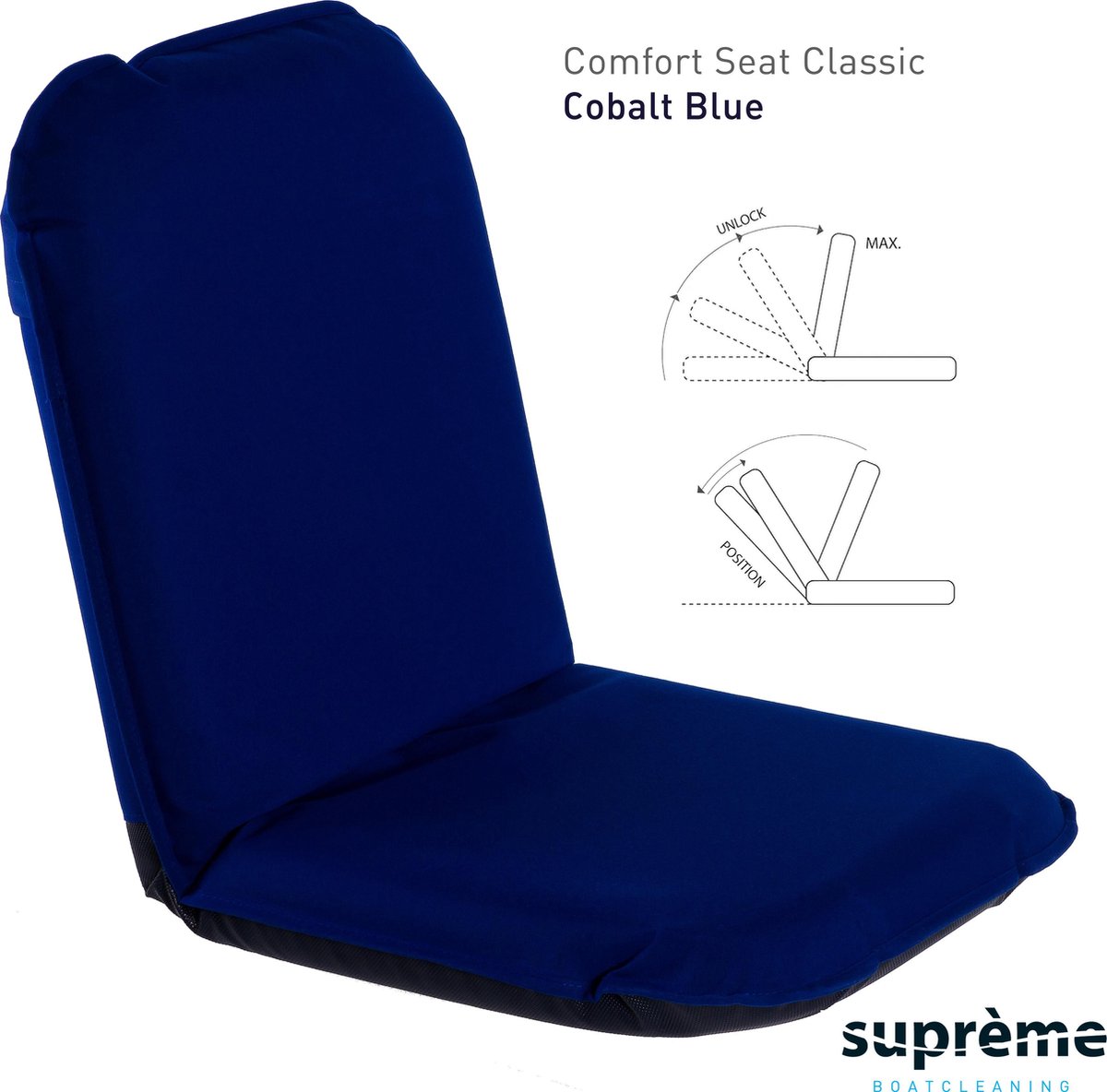 Comfort Seat Regular Cobalt Blue | Verstelbaar Rugkussen met Intern Scharnierframe | 40 Posities | Bekleding vervaardigd uit Sunbrella Solution Dyed Acryldoek | Galvaniseerd Intern Frame | Anti-slip onderzijde | Verplaatsbaar zitcomfort | Bootstoel