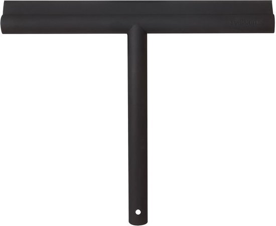 Essuie-glace de douche noir avec manche en T, isolé sur fond blanc.