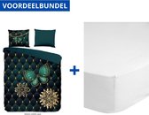 Luxe Dekbedovertrek Eenpersoons - 140x200/220cm - Inclusief 1 Kussensloop - 100% Zacht Polyester - Petrol Lavanya + Zachte Katoenen Hoeslaken - 90x200cm - Wit