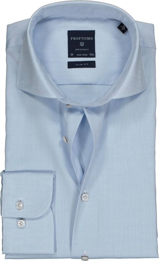 Profuomo Originale slim fit overhemd - mouwlengte 72 cm - twill - lichtblauw - Strijkvrij - Boordmaat: 42