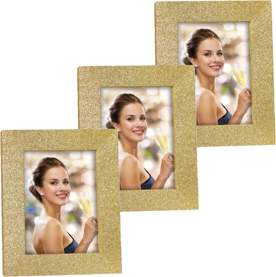 3x stuks houten fotolijstje goud met glitters 18 x 23 cm geschikt voor een foto van 13 x 18 cm