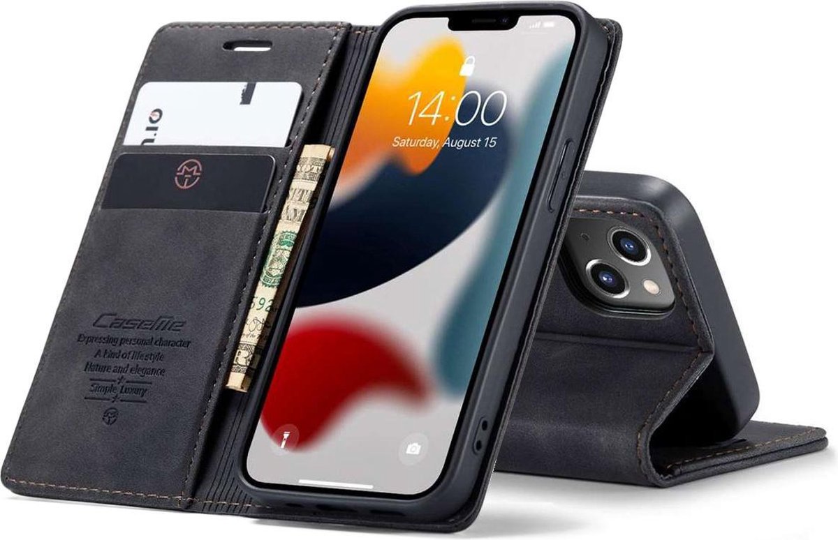 iPhone 13 Bookcase hoesje - CaseMe - Effen Zwart - Kunstleer